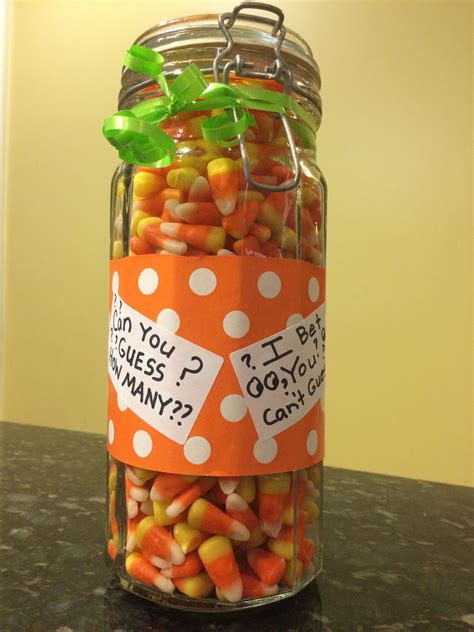 How many candy corns in a jar - First, shake the jar and see how high the candy goes. The rule of thumb is that there are approximately 40 pieces of candy per inch. So, if the candy reaches halfway up the jar, there are approximately 20 pieces inside. Next, try …